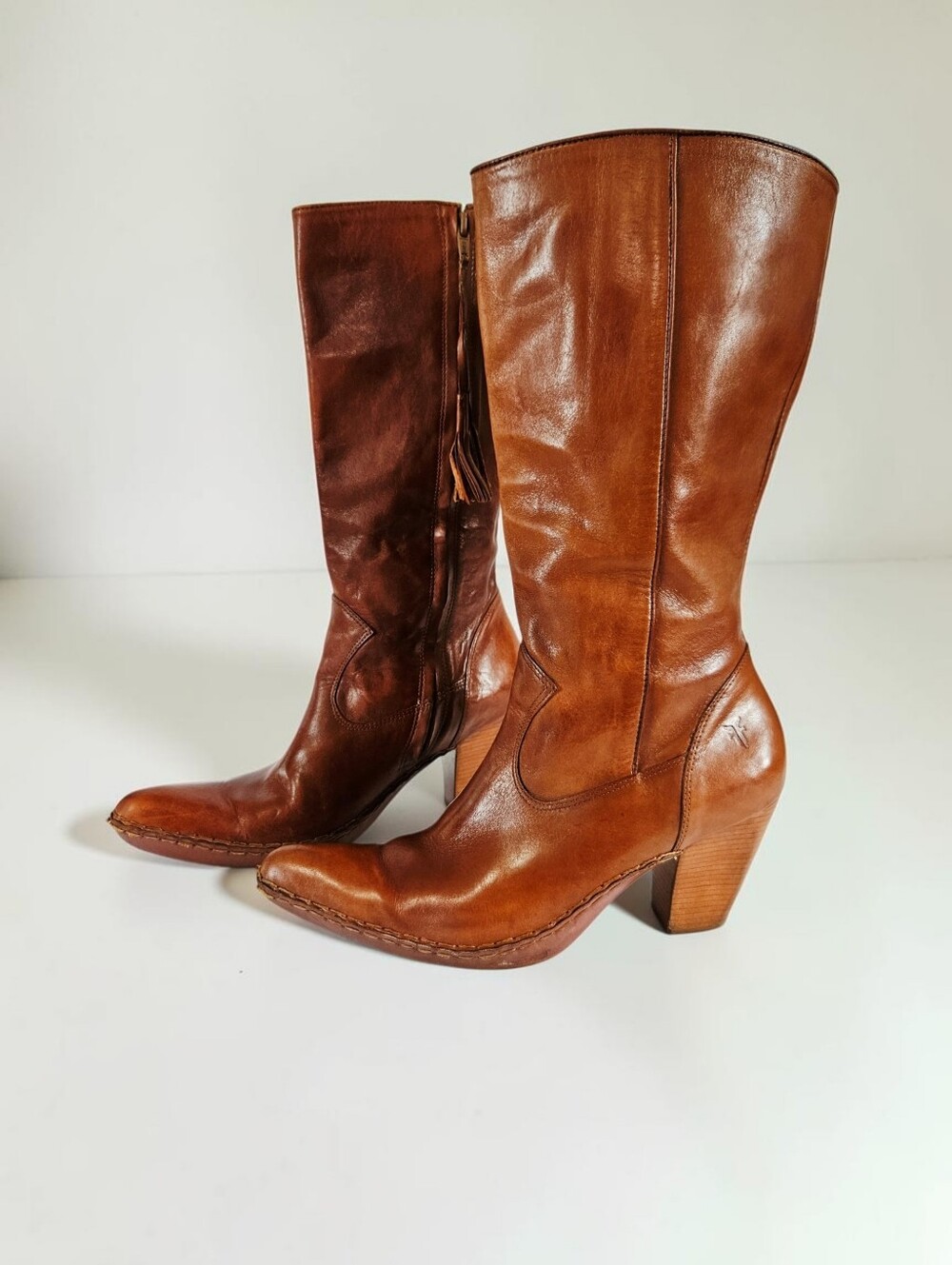 Vintage Frye Phoenix Cognac Brown Leather Stacked Heel Western Cowboy Boots 10 - Picture 5 of 15